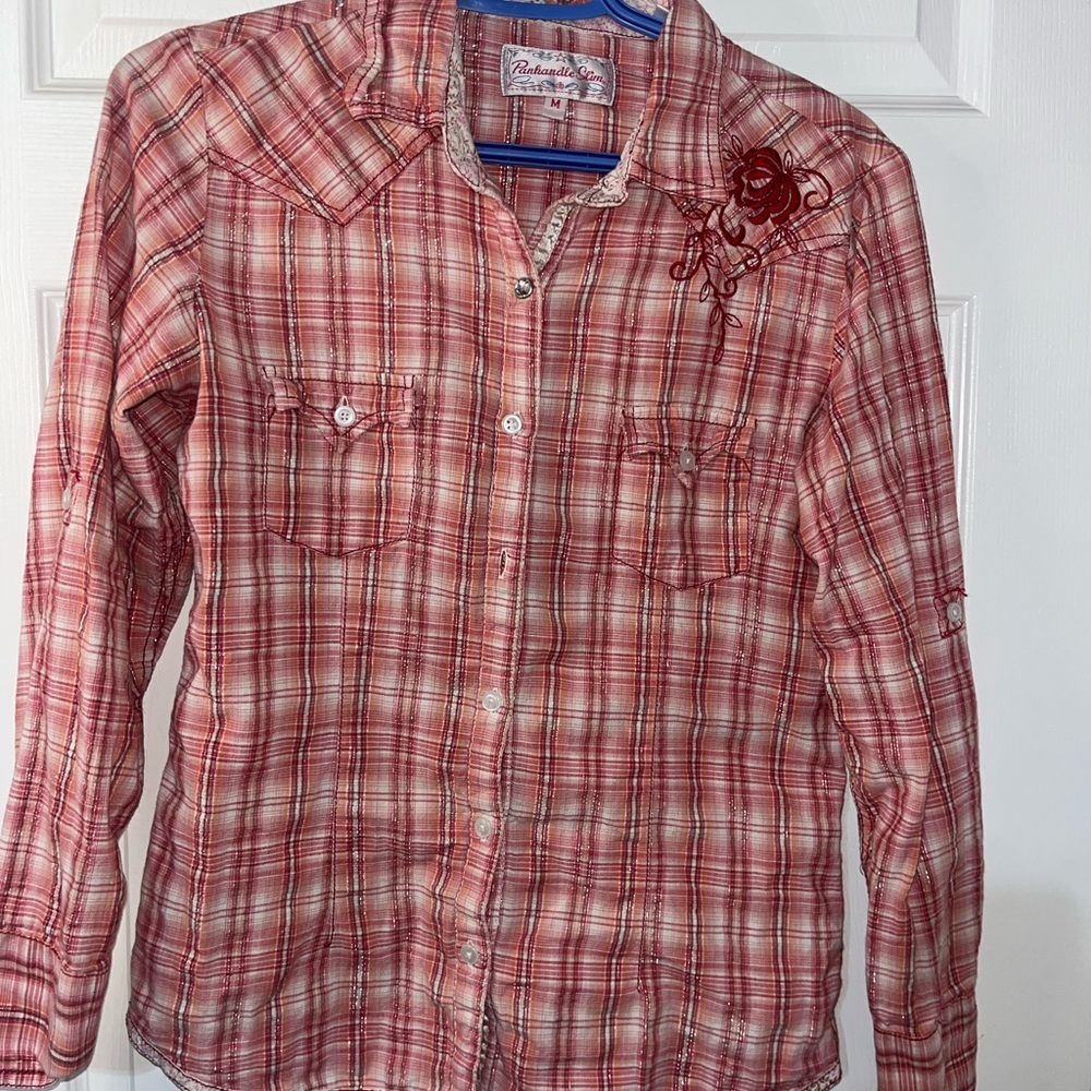 Glittery Panhandle Red Plaid Button-Up Shirt as is. Missing button